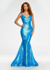 Neon Blue ASHLEYlauren 11108 Sequin Gown with Spaghetti Straps, Illusion V-Neckline, Deep V-Back, Fitted Silhouette, and Horsehair Hem