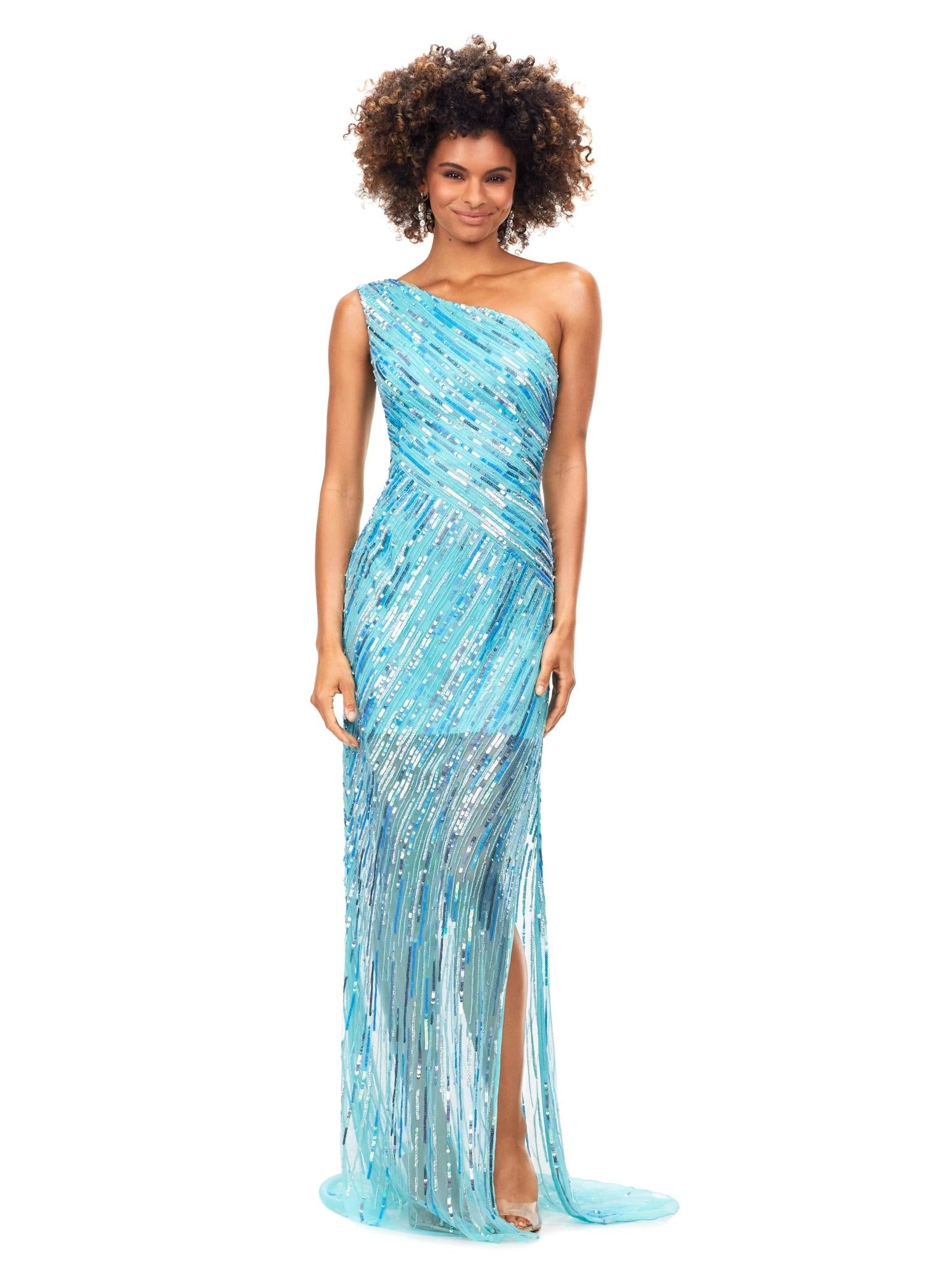 Blue ASHLEYlauren 11207 One-Shoulder Sequin Gown with Asymmetrical Wrap Bead Pattern, Illusion Cut-Out, Slit, and Sweep Train