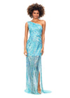 Blue ASHLEYlauren 11207 One-Shoulder Sequin Gown with Asymmetrical Wrap Bead Pattern, Illusion Cut-Out, Slit, and Sweep Train