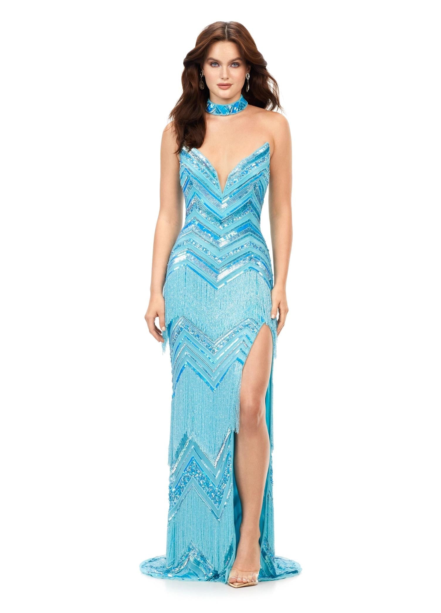 Neon Blue ASHLEYlauren 11259 art deco-inspired gown featuring a strapless bustier with built-in corset, intricate bead pattern, cascading fringe accents, left leg slit, and a beaded neck collar for a striking and elegant look.