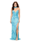 Neon Blue ASHLEYlauren 11259 art deco-inspired gown featuring a strapless bustier with built-in corset, intricate bead pattern, cascading fringe accents, left leg slit, and a beaded neck collar for a striking and elegant look.