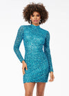 Neon Blue ASHLEYlauren 4252 fully beaded cocktail dress featuring long sleeves, a modern high neckline, fitted silhouette, and a sexy open back for a striking evening look.