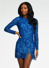 ASHLEYlauren 4438 – A sassy and classy fully hand-beaded long sleeve cocktail dress featuring a fitted skirt with fringe detail along the left leg slit and hemline. Perfect for making a bold, elegant statement at any event.