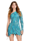 Neon Blue ASHLEYlauren 4563 one shoulder cocktail dress featuring an intricate bead pattern, scattered fringe details, and a unique zigzag hemline for a bold and glamorous look.