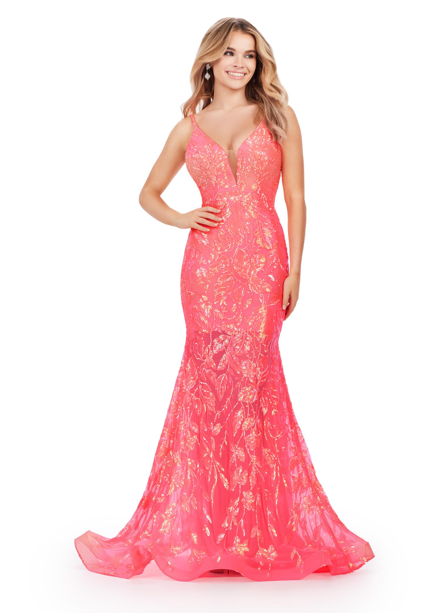 Neon Coral ASHLEYlauren 11444 Fully Sequin Gown with V-Neckline, Deep V-Back, Stretch Fabric, and Flared Skirt for a Regal Look