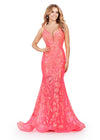 Neon Coral ASHLEYlauren 11444 Fully Sequin Gown with V-Neckline, Deep V-Back, Stretch Fabric, and Flared Skirt for a Regal Look