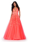 Neon Coral ASHLEYlauren 11470 Tulle Ball Gown with V-Neckline, V-Back, Sequin Appliqué Bodice, and Cascading Appliqué Detail on Full Skirt