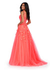 Neon Coral ASHLEYlauren 11470 Tulle Ball Gown with V-Neckline, V-Back, Sequin Appliqué Bodice, and Cascading Appliqué Detail on Full Skirt