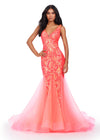 Neon Coral ASHLEYlauren 11472 stretch sequin gown with deep V-neckline, V-back, and pleated tulle overlay skirt