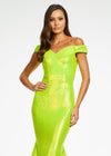 Neon Green ASHLEYlauren 11109 Off-Shoulder Sequin Gown with Sweetheart Neckline, Full Zipper Back, Mermaid Silhouette, and Horsehair Hem