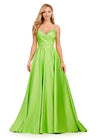 Neon Green ASHLEYlauren 11267 stunning A-line gown featuring delicate spaghetti straps, a sweetheart neckline, eye-catching crystal trim, and asymmetrical ruching on the bustier to accentuate your curves for a glamorous and sophisticated look.