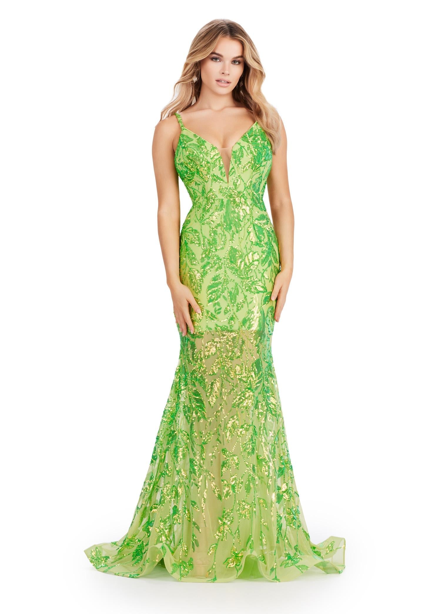 Neon Green ASHLEYlauren 11444 Fully Sequin Gown with V-Neckline, Deep V-Back, Stretch Fabric, and Flared Skirt for a Regal Look