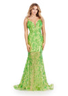 Neon Green ASHLEYlauren 11444 Fully Sequin Gown with V-Neckline, Deep V-Back, Stretch Fabric, and Flared Skirt for a Regal Look