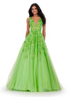 Neon Green ASHLEYlauren 11470 Tulle Ball Gown with V-Neckline, V-Back, Sequin Appliqué Bodice, and Cascading Appliqué Detail on Full Skirt