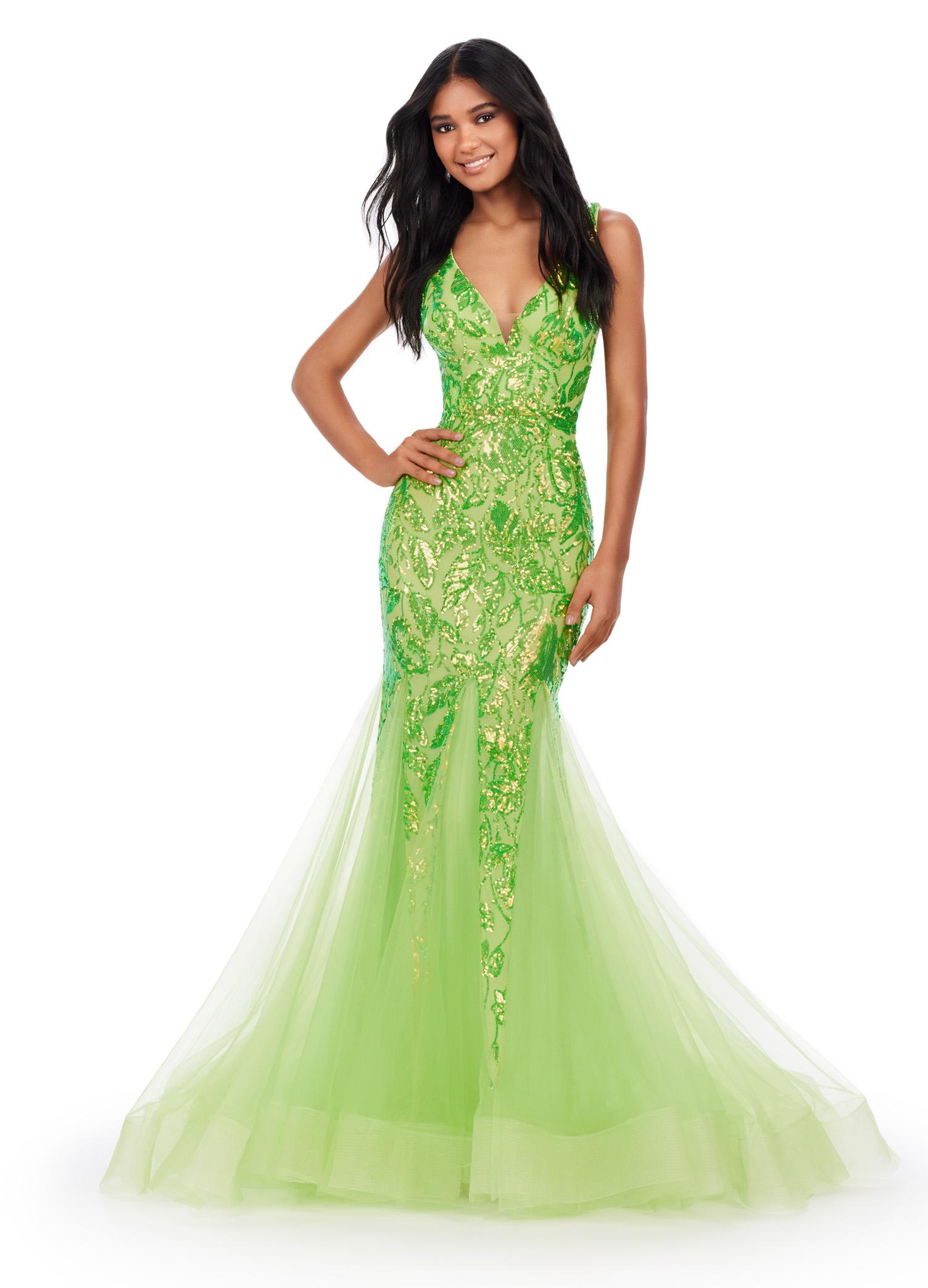 Neon Green ASHLEYlauren 11472 stretch sequin gown with deep V-neckline, V-back, and pleated tulle overlay skirt