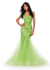 Neon Green ASHLEYlauren 11472 stretch sequin gown with deep V-neckline, V-back, and pleated tulle overlay skirt