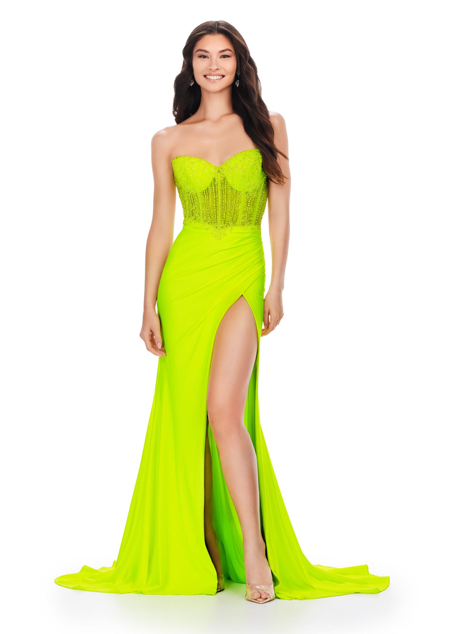 Neon Green ASHLEYlauren 11520 Fitted Jersey Gown with Sweetheart Neckline, Beaded Corset Bustier, Lace Up Back, Ruched Detail, and Left Leg Slit