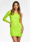 Neon Green ASHLEYlauren 4457 fully hand-beaded cocktail dress featuring a one shoulder sleeve and a fitted skirt for a sleek and glamorous silhouette.