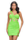Neon Green ASHLEYlauren 4694 pink cocktail dress featuring spaghetti straps, an illusion V-neckline, corset bustier, press-on stone embellishments, and a fitted skirt for a glamorous and head-turning look.