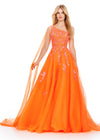 Neon Orange ASHLEYlauren 11573 Romantic One Shoulder Organza Ball Gown with Intricate Sequin Appliqué, Open Back, and Draped Organza Cape