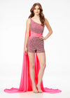 Neon Pink ASHLEYlauren 11228 One-Shoulder Romper Fully Encrusted with Pearls and Crystals, Featuring a Ruched Wrap Waist and Attached Chiffon Float