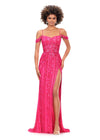 Neon Pink ASHLEYlauren 11257 fully beaded gown featuring spaghetti straps, a sweetheart neckline, intricate bead pattern to accent curves, draped shoulder straps, left leg slit, and a sweep train for an elegant finish.