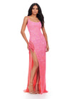 Neon Pink ASHLEYlauren 11357 glamorous fully beaded gown featuring a scoop neckline, delicate spaghetti straps, fringe-encrusted slit, and crystal accents for a dazzling old Hollywood-inspired look.