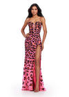 Neon Pink ASHLEYlauren 11674 Spaghetti Strap Gown with Ornate Cheetah Print Beading, Structured Corset Bustier, and Left Leg Slit