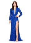 Neon Royal ASHLEYlauren 11241 Fully Sequin Fitted Gown with Lace-Up Bustier, Long Sleeves, and Left Leg Slit