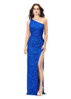 Neon Royal ASHLEYlauren 11285 One Shoulder Sequin Gown with Adjustable Straps, Keyhole Back Cut Out, Fully Hand Beaded Design, and Left Leg Slit