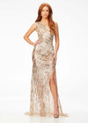 Nude ASHLEYlauren 11207 One-Shoulder Sequin Gown with Asymmetrical Wrap Bead Pattern, Illusion Cut-Out, Slit, and Sweep Train
