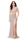 Nude ASHLEYlauren 11282 glamorous two-piece fully sequin gown featuring a crew neckline, cap sleeves, intricate bead pattern draping from the bustier, and a fitted skirt with a left leg slit for a vintage-inspired, show-stopping look.