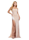 Nude ASHLEYlauren 11357 glamorous fully beaded gown featuring a scoop neckline, delicate spaghetti straps, fringe-encrusted slit, and crystal accents for a dazzling old Hollywood-inspired look.