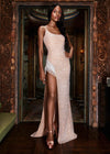 Nude ASHLEYlauren 11357 glamorous fully beaded gown featuring a scoop neckline, delicate spaghetti straps, fringe-encrusted slit, and crystal accents for a dazzling old Hollywood-inspired look.