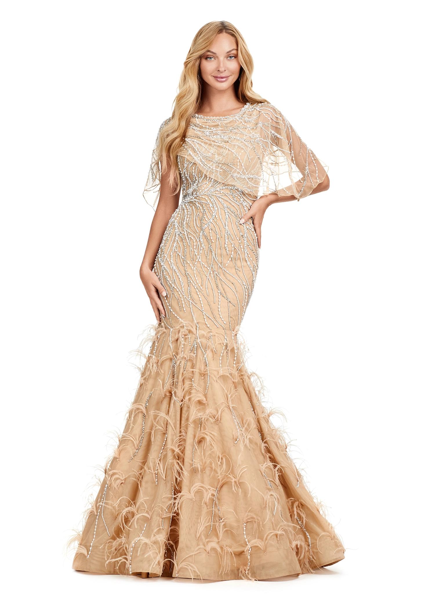 Nude ASHLEYlauren 11431 Classy Fully Beaded Gown with Crew Neckline, Sheer Asymmetrical Cape Overlay, Feather-Embellished Skirt, and Mermaid Silhouette