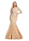 Nude ASHLEYlauren 11431 Classy Fully Beaded Gown with Crew Neckline, Sheer Asymmetrical Cape Overlay, Feather-Embellished Skirt, and Mermaid Silhouette