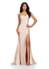 Nude ASHLEYlauren 11549 Red Carpet Ready Shimmer Jersey Gown with Spaghetti Straps, Structured Corset Bustier, Ruched Hip Detail, and Left Leg Slit