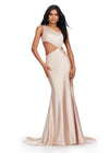 Nude ASHLEYlauren 11577 Elegant One Shoulder Fitted Satin Gown with Draped Bodice, Side Cut Out, and Sparkling Crystal Brooch Accent