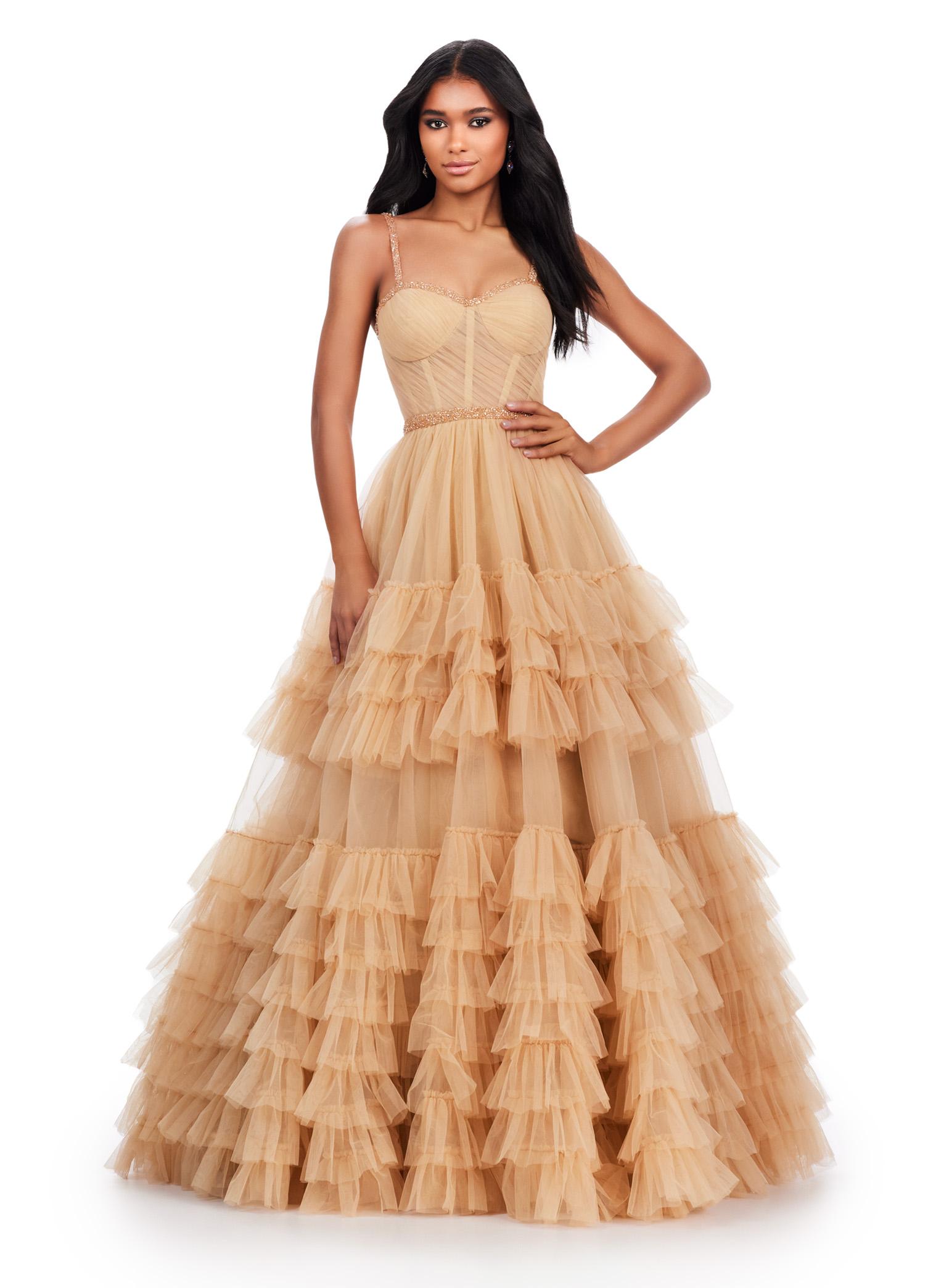Nude ASHLEYlauren 11603 Spaghetti Strap Tulle Ball Gown with Tiered Skirt, Beaded Waist and Strap Accents, and Corset Bustier