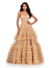 Nude ASHLEYlauren 11603 Spaghetti Strap Tulle Ball Gown with Tiered Skirt, Beaded Waist and Strap Accents, and Corset Bustier