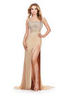 Nude ASHLEYlauren 11616 Spaghetti Strap Gown with Beaded Corset Bustier, Press On Stone Embellishments, and Left Leg Slit