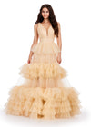 Nude ASHLEYlauren 11620 Tulle Ball Gown with V-Neckline Bustier, V-Back, and Multi-Tiered Ruffle Skirt