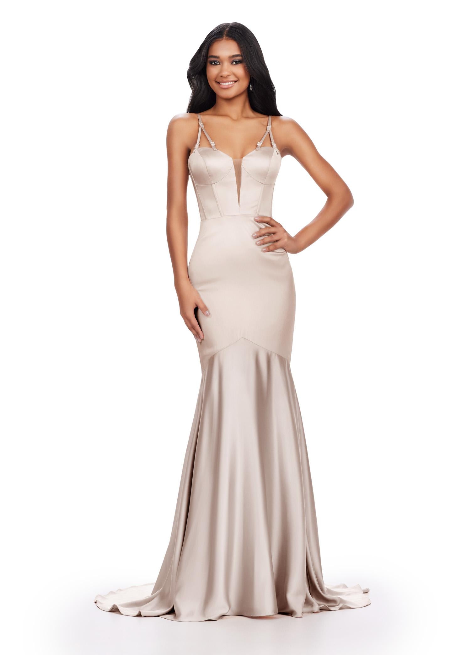 Nude ASHLEYlauren 11644 Fitted Satin Gown with Corset Bustier, Illusion V-Neckline, Spaghetti Straps, and Beaded Accents