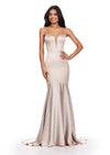 Nude ASHLEYlauren 11644 Fitted Satin Gown with Corset Bustier, Illusion V-Neckline, Spaghetti Straps, and Beaded Accents
