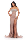 Nude ASHLEYlauren 11648 Strapless Fully Beaded Gown with Illusion Corset Bustier, Ruched Hip Detail, and Left Leg Slit