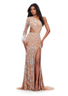 Nude ASHLEYlauren 11649 One Shoulder Fully Beaded Gown with Intricate Beading, Side Cut Out, Feather Cuff Detail, Left Leg Slit, and Sweep Train