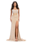 Nude ASHLEYlauren 11659 fully beaded gown featuring a strapless corset bustier, asymmetrical waistline to accentuate curves, fitted silhouette, left leg slit, and horsehair trim for an elegant and glamorous look.