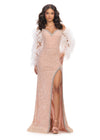 Nude ASHLEYlauren 11667 fully hand-beaded gown featuring a sweetheart neckline, off shoulder feather-adorned sleeves, crystal-trimmed bustier and left leg slit for a glamorous and luxurious look.