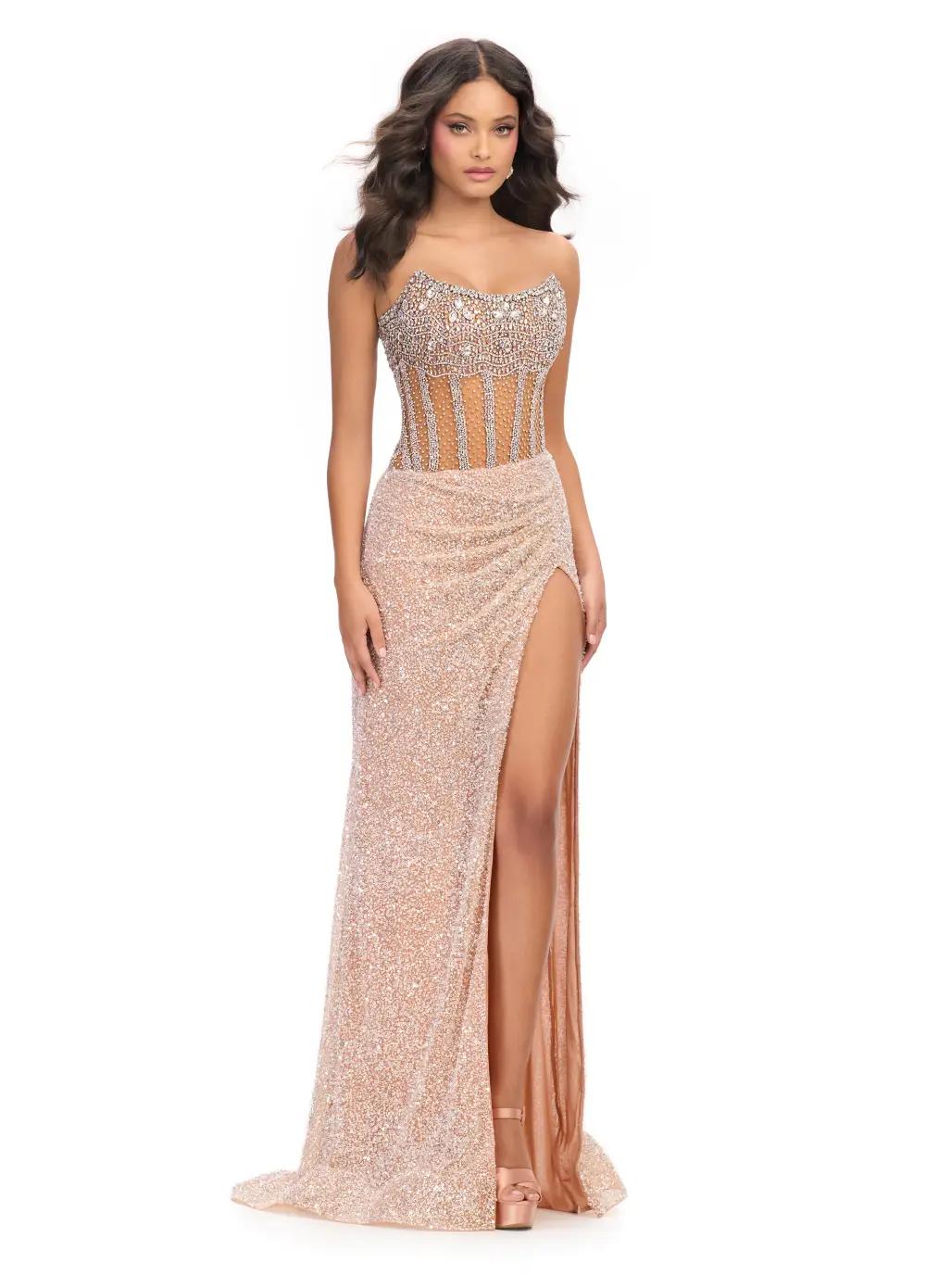 ASHLEYlauren 11830 - Fully Beaded Gown with Corset Bustier