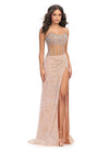 Nude ASHLEYlauren 11830 dazzling fully hand-beaded gown featuring a sweetheart neckline, corset bustier, left leg slit, and a horsehair-trimmed skirt for a glamorous and elegant look.